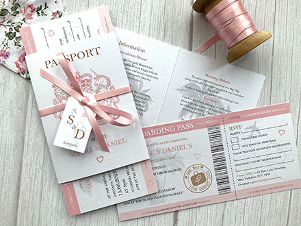 Standard Passport Wedding Invitations with boarding pass style invite and guest information inside cover